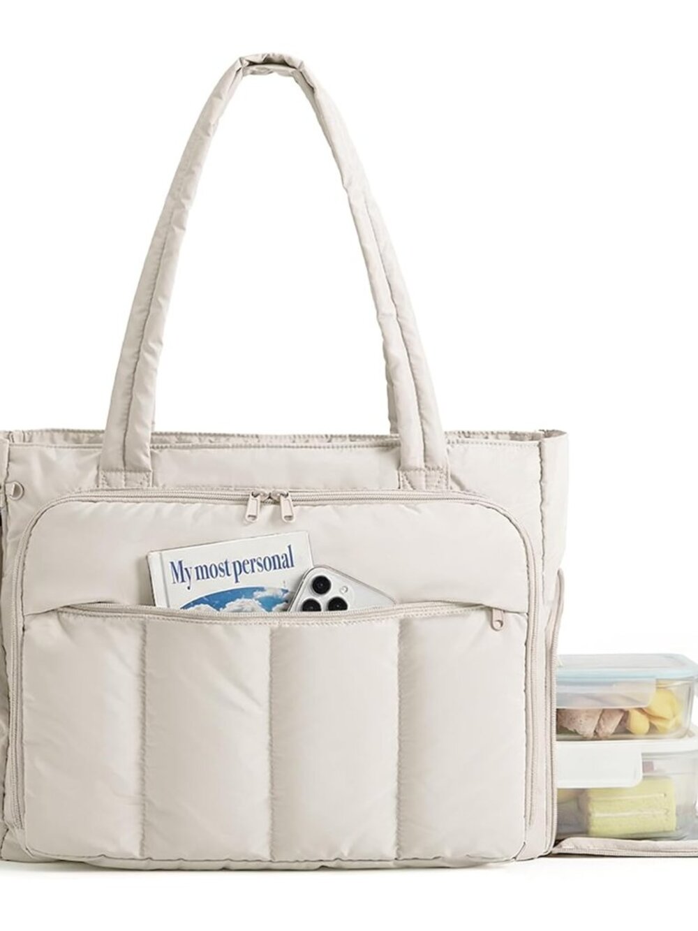 Laptop Tote Bag, Lunch Tote Work Bag with Lunchbox Compartment, Large Puffer Tea